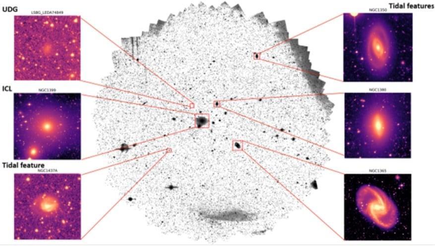 본문 이미지 - K-DRIFT로 Fornax 은하단을 관측한 영상. 광시야의 장점을 확인하고 한 번 관측으로 다양한 극미광 천체를 확인함.(우주항공청 제공)