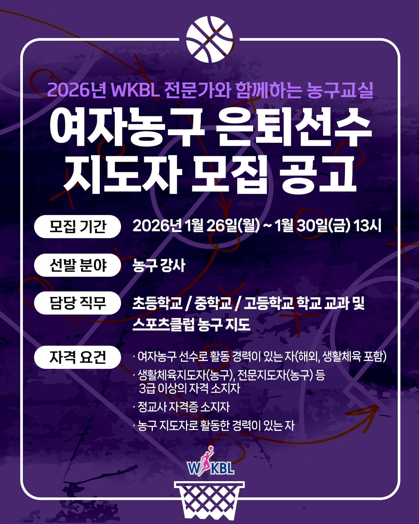 본문 이미지 - 한국여자농구연맹(WKBL)은 '2026년 WKBL 전문가와 함께하는 농구 교실'에서 학생들을 지도할 여자농구 은퇴선수 지도자를 모집한다고 27일 밝혔다.(WKBL 제공)