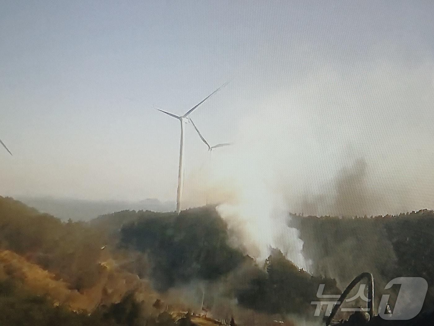 본문 이미지 - 27일 오후 1시 24분쯤 전남 완도군 신지면의 한 야산에서 불이 나 소방당국이 잔화하고 있다. (전남소방본부 제공. 재판매 및 DB 금지) ⓒ News1 박지현 기자