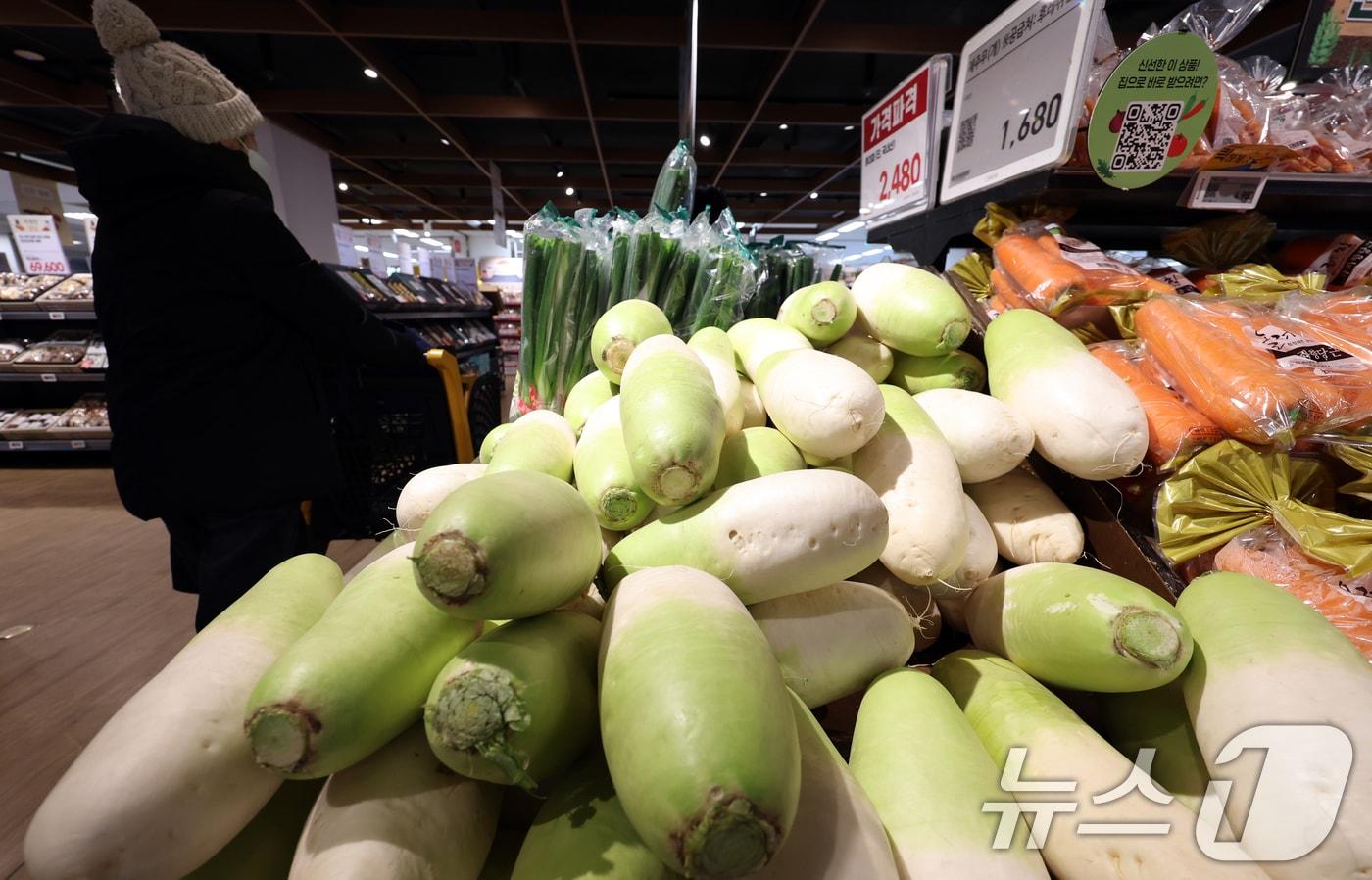 본문 이미지 - 구윤철 경제부총리 겸 재정경제부 장관은 설 명절을 앞두고 "먹거리 물가를 중점 관리하겠다＂며 성수품을 역대 최대인 27만t 공급하고, 소상공인·중소기업을 위한 명절 자금 39조3000억원도 투입하겠다＂고 밝혔다. 특히 정부 할인지원에 역대 최대 규모인 910억원을 투입해 배추·무·고등어 등 성수품을 최대 50% 할인 지원한다는 계획이다. 사진은 이날 서울 한 대형마트에 판매되는 무. 2026.1.27/뉴스1 ⓒ News1 김명섭 기자