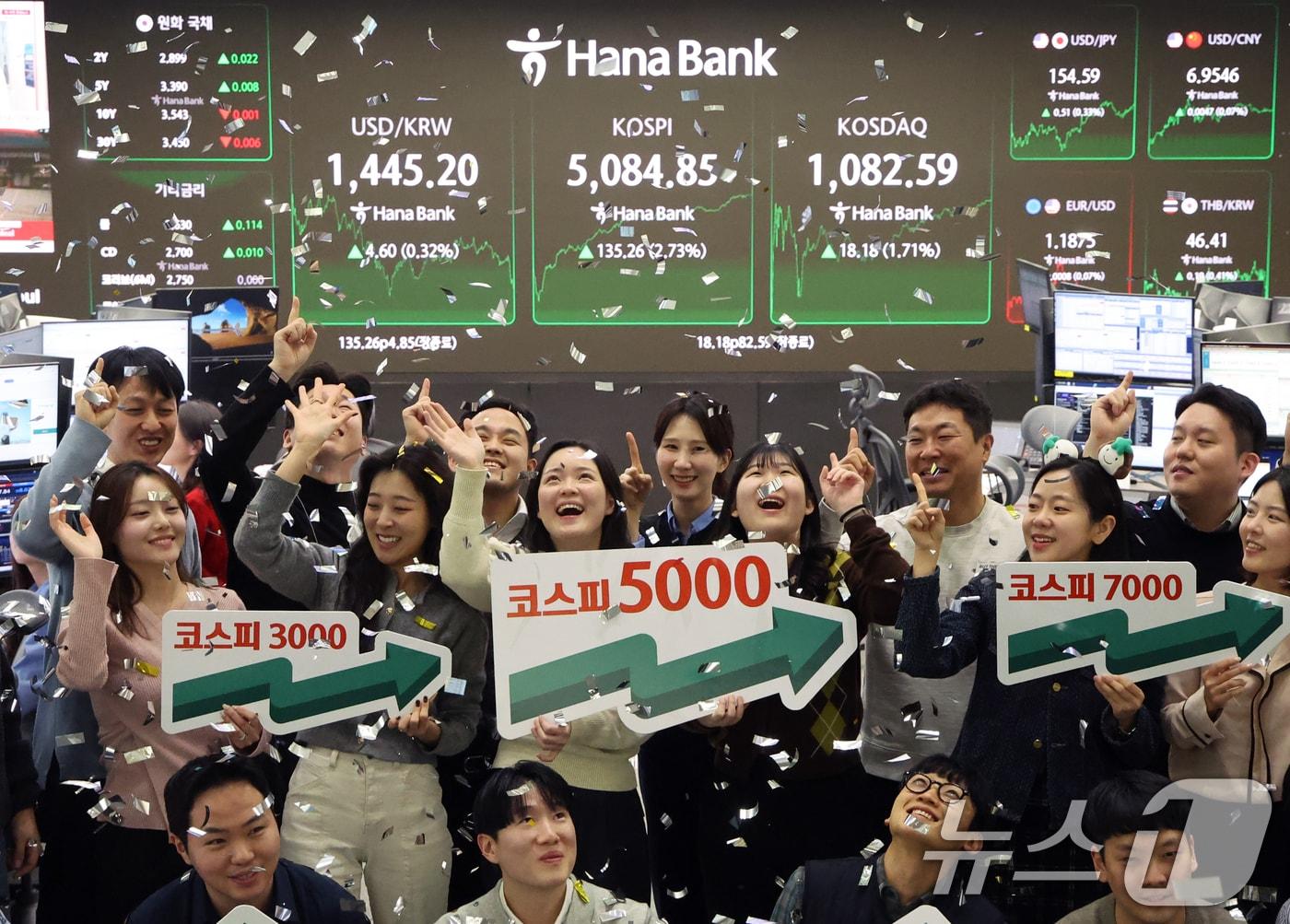 본문 이미지 - 코스피가 종가 기준 사상 처음 5000선을 돌파한 27일 오후 서울 중구 하나은행 본점 딜링룸에서 직원들이 축하 세리머니를 하고 있다. 이날 코스피지수는 전일대비 135.26p(2.73%) 오른 5084.85로 장을 마감했다. 2026.1.27/뉴스1 ⓒ News1 황기선 기자