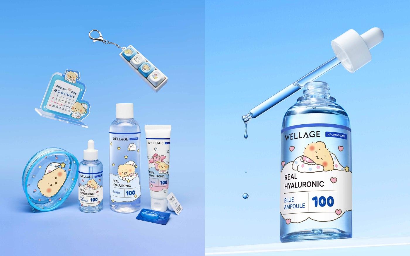본문 이미지 - (좌) '올리브영 X 망그러진 곰' 콜라보 캠페인에 참여한 웰라쥬 제품 4종 및 굿즈 증정품 (우) 웰라쥬 리얼 히알루로닉 블루 100 앰플 망곰에디션. (휴젤 제공)