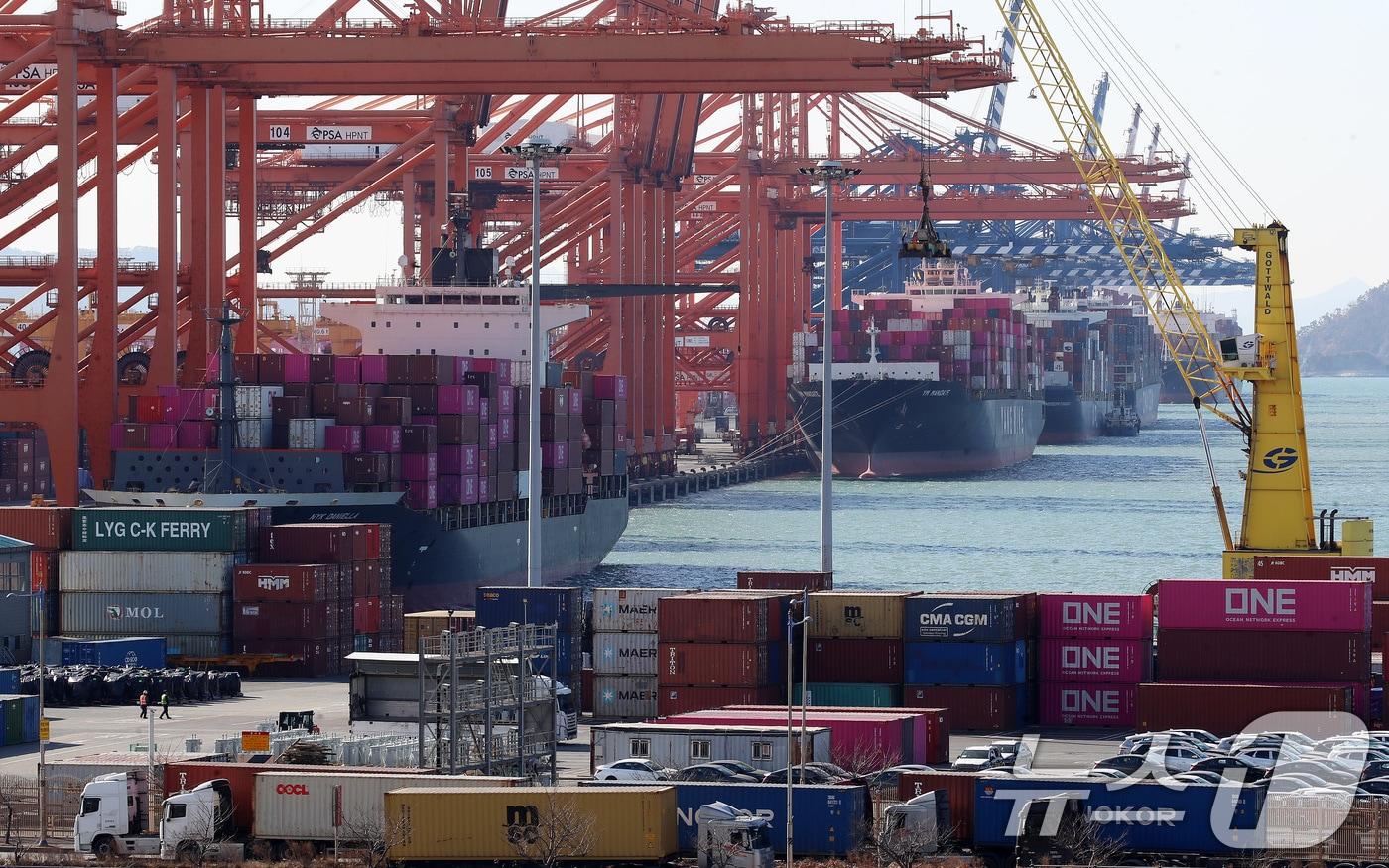 본문 이미지 - 부산 강서구 부산신항 부두 야적장에서 컨테이너 하역작업이 진행되는 모습. ⓒ News1 윤일지 기자