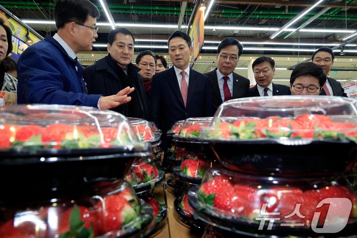 본문 이미지 - 장동혁 국민의힘 대표와 송언석 원내대표 등이 28일 오후 물가점검 현장방문으로 서울 서초구 청계산로 하나로마트 양재점을 찾아 박혜성 지사장의 설명을 들으며 딸기를 살펴보고 있다. 2026.1.28/뉴스1 ⓒ News1 박정호 기자