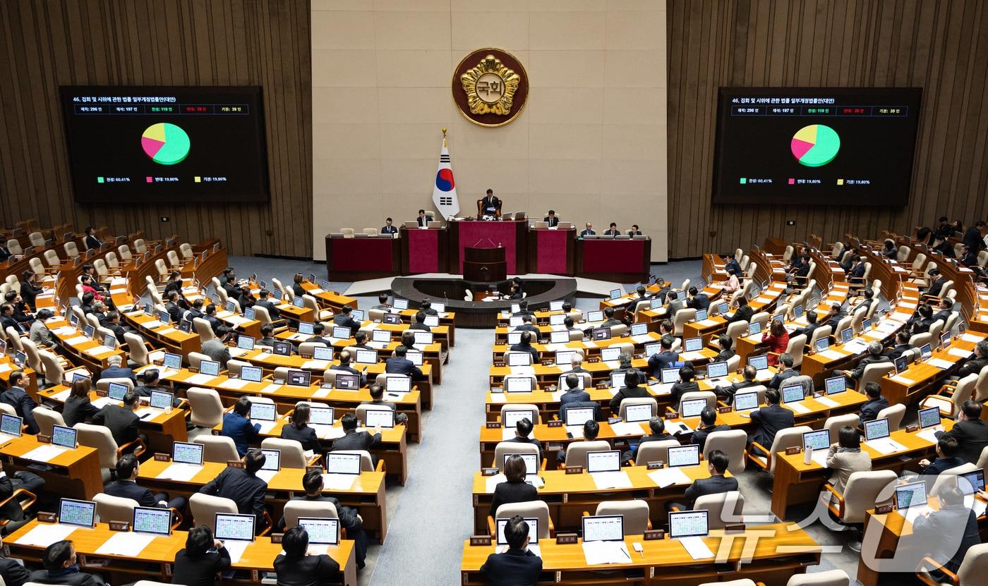 본문 이미지 - 지난달 29일 서울 여의도 국회에서 열린 제431회 국회(임시회) 제2차 본회의에서 집회 및 시위에 관한 법률 일부개정법률안(대안)이 재석 197인 중 찬성 119인, 반대 39인, 기권 39인으로 가결되고 있다. 2026.1.29/뉴스1 ⓒ News1 유승관 기자