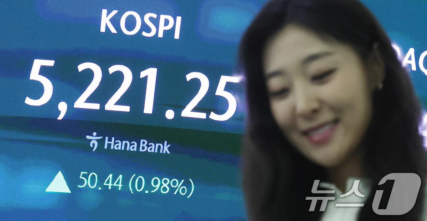 본문 이미지 - 코스피가 종가 기준 사상 최고치를 경신한 29일 서울 중구 하나은행 본점 딜링룸 시황 전광판 앞에서 한 직원이 업무를 보고 있다. 이날 코스피는 전일 종가 대비 50.44포인트(p)(0.98%) 상승한 5221.25로 거래를 마쳤다. 코스닥은 전일 대비 30.89포인트(p)(2.73%) 상승한 1164.41로 마감했다. 2026.1.29/뉴스1 ⓒ News1 박지혜 기자