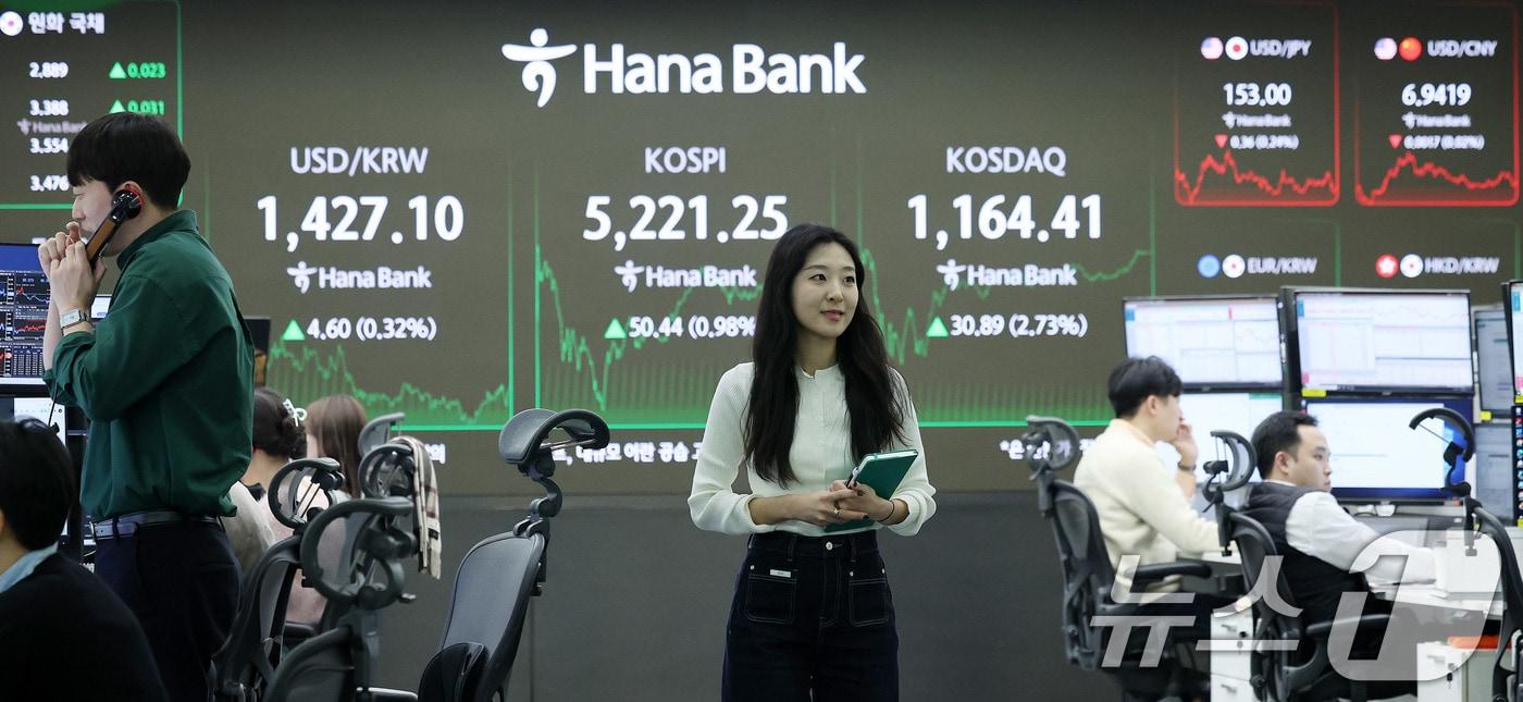 본문 이미지 - 코스피가 종가 기준 사상 최고치를 경신한 29일 서울 중구 하나은행 본점 딜링룸 시황 전광판 앞에서 직원들이 분주하게 움직이고 있다. 이날 코스피는 전일 종가 대비 50.44포인트(p)(0.98%) 상승한 5221.25로 거래를 마쳤다. 코스닥은 전일 대비 30.89포인트(p)(2.73%) 상승한 1164.41로 마감했다. 2026.1.29/뉴스1 ⓒ News1 박지혜 기자