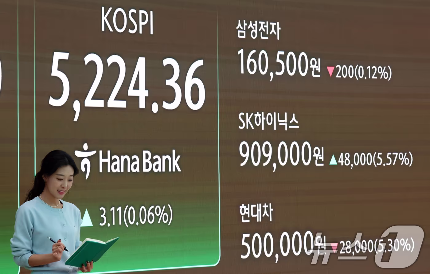 본문 이미지 - 30일 오후 서울 중구 하나은행 딜링룸에 증시 종가가 나타나고 있다. 이날 코스피 지수는 사상 최고치로 전 거래일 대비 3.11(0.06%) 상승한 5,224.36으로, 코스닥 지수는 14.97(1.29%) 하락한 1,149.44롤 장을 마감했다. 2026.1.30/뉴스1 ⓒ News1 김명섭 기자