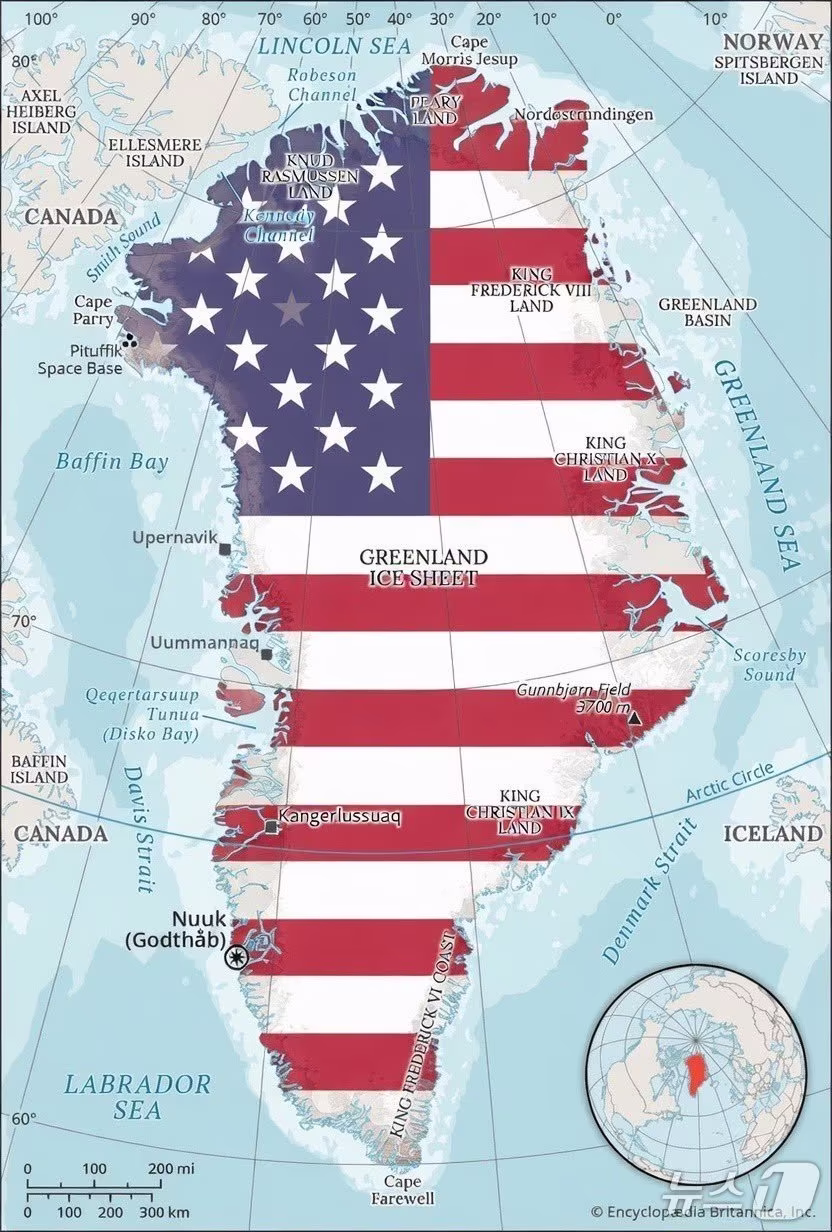 본문 이미지 - 미국 백악관 부비서실장인 스티븐 밀러의 아내이자 극우 성향 팟캐스터인 케이티 밀러가 4일(현지시간) 소셜미디어 엑스(X)에 성조기로 덮인 그린란드 지도를 올렸다. (출처=케이티 밀러 엑스) 2025.1.4./뉴스1