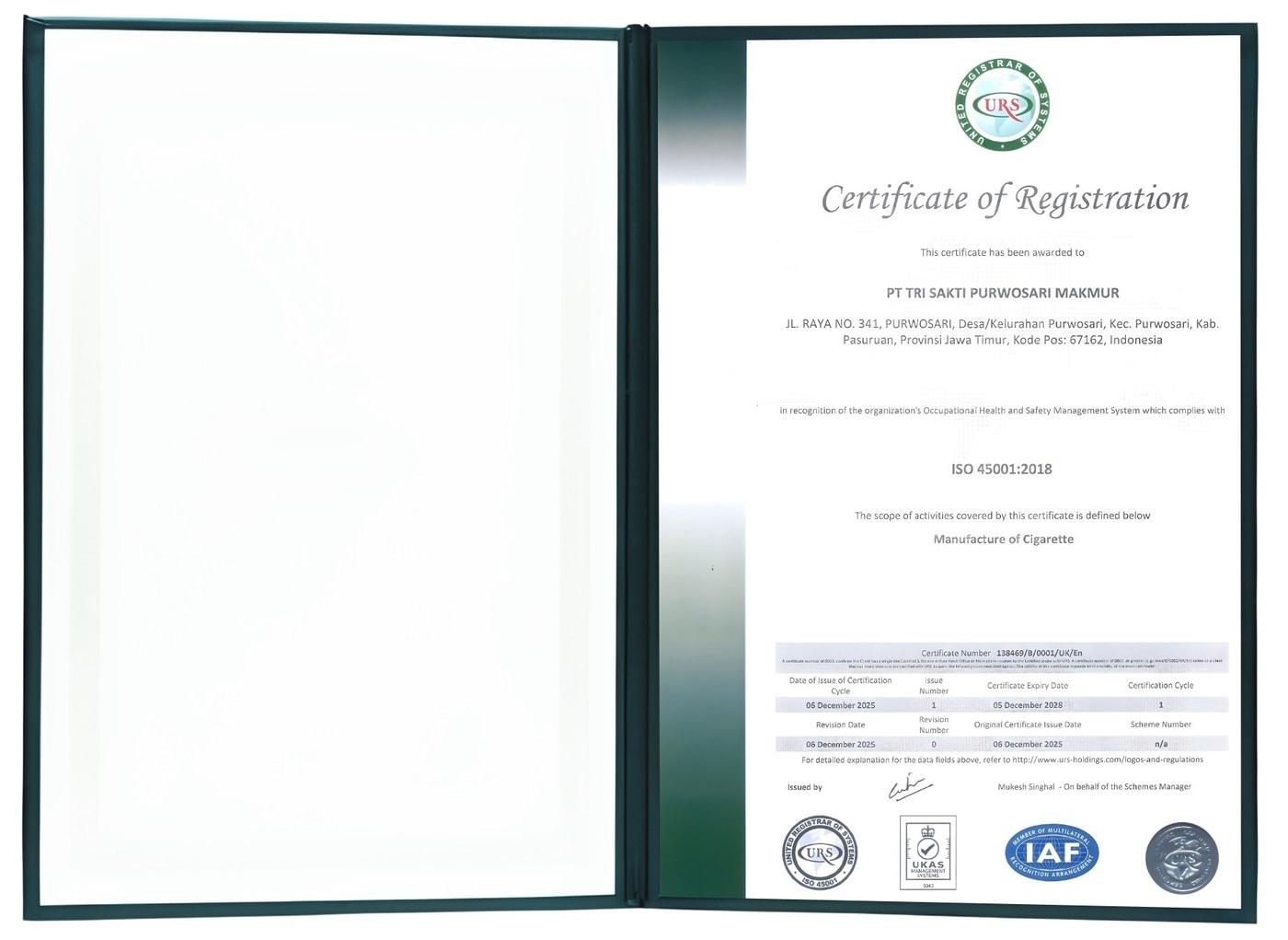 본문 이미지 - KT&G 인도네시아 공장 'ISO 45001' 인증서(KT&G 제공)