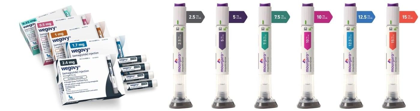 노보 노디스크가 개발한 당뇨·비만 신약 '위고비'(성분명 세마글루타이드)(왼쪽)와 일라이릴리가 개발한 '마운자로'(성분명 터제파타이드).(노보 노디스크 일라이릴리 제공)/뉴스1