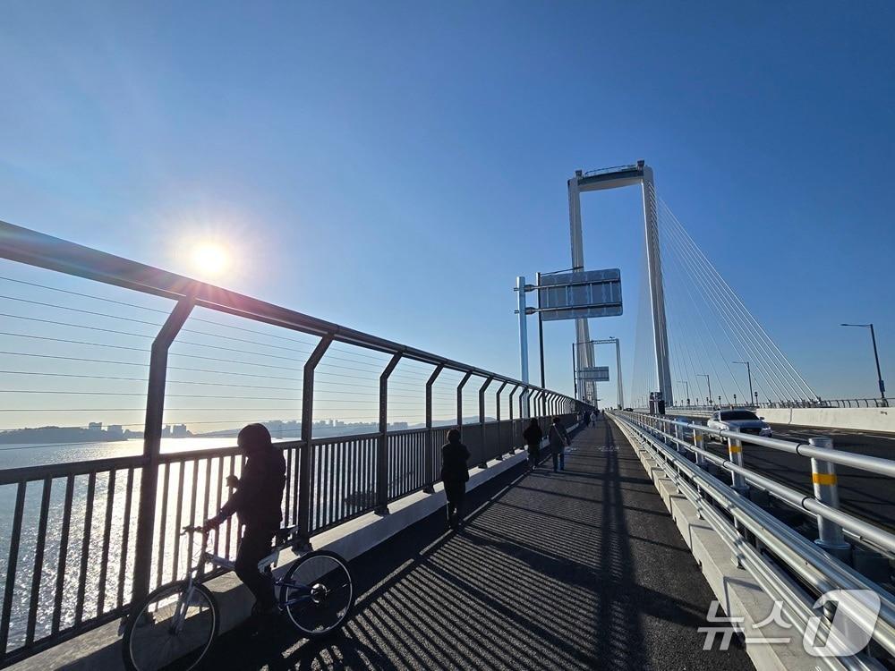 본문 이미지 - 제3연륙교 개통 당일인 5일, 교량 남측에 설치된 도보·자전거 겸용 도로에 인파가 몰려들었다. / 뉴스1 ⓒ News1 유준상 기자