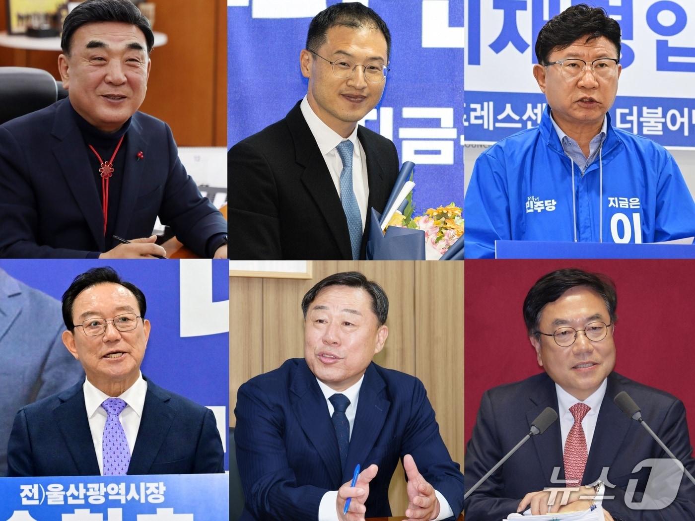 본문 이미지 - 차기 울산시장 후보군. 첫째 줄 왼쪽부터 김두겸 울산시장, 김상욱 의원, 이선호 청와대 자치발전비서관, 송철호 전 울산시장, 김종훈 울산 동구청장, 서범수 의원./뉴스1