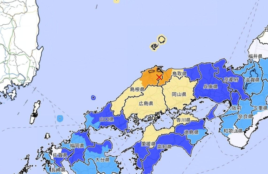 본문 이미지 - 6일 오전 10시 18분쯤 일본 시마네현 동부 야스기시에서 규모 6.2의 지진이 발생했다. 지진 발생 위치는 사진에서 X 표시된 곳. (사진=일본 기상청 웹사이트 갈무리)