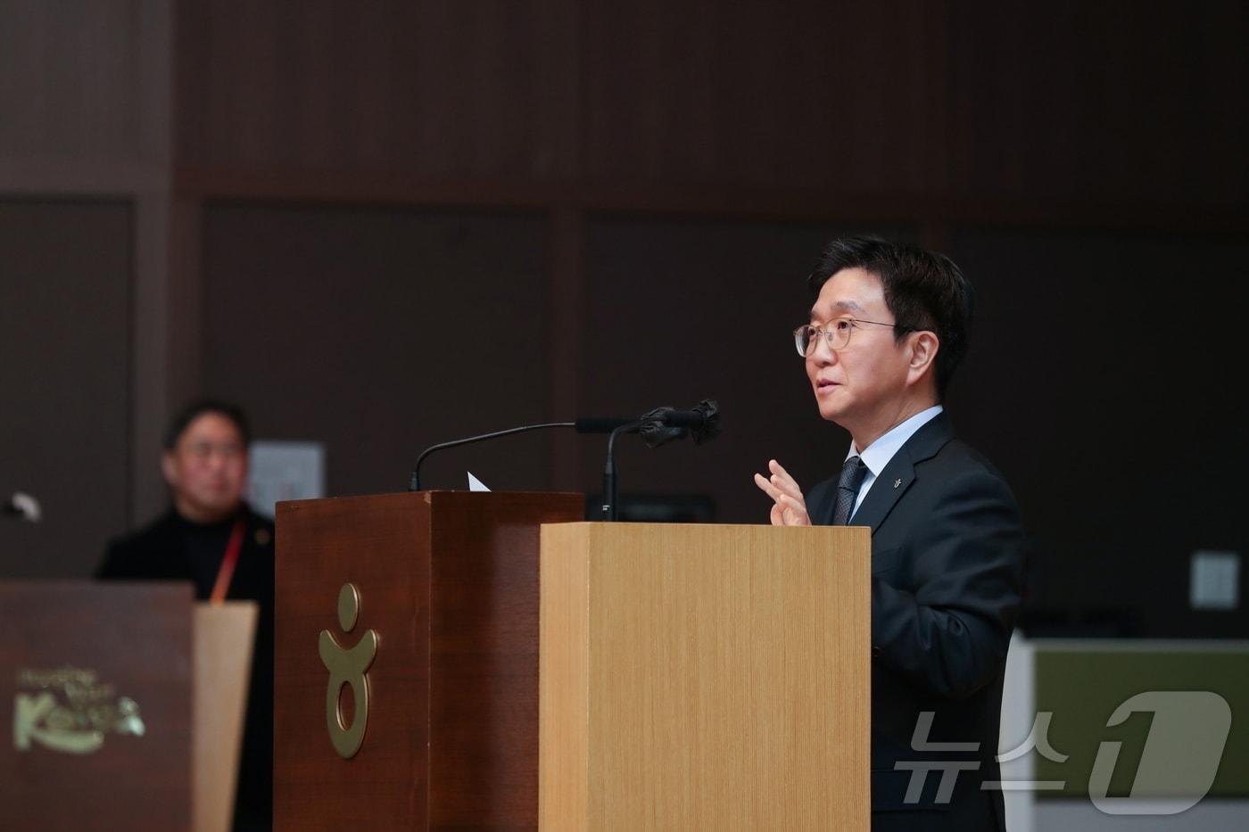 박성혁 한국관광공사 사장이 7일 7일 강원도 원주 본사에서 취임사를 발표하고 있다.(한국관광공사 제공)