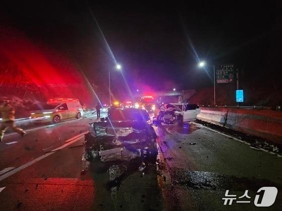 본문 이미지 - 4일 오전 1시 23분께 서해안고속도로 상행선 고창분기점 인근에서 발생한 교통사고 현장에서 수습하던 경찰관 등 2명이 SUV에 치여 숨졌다.(전북 소방 제공. 재판매 및 DB 금지)