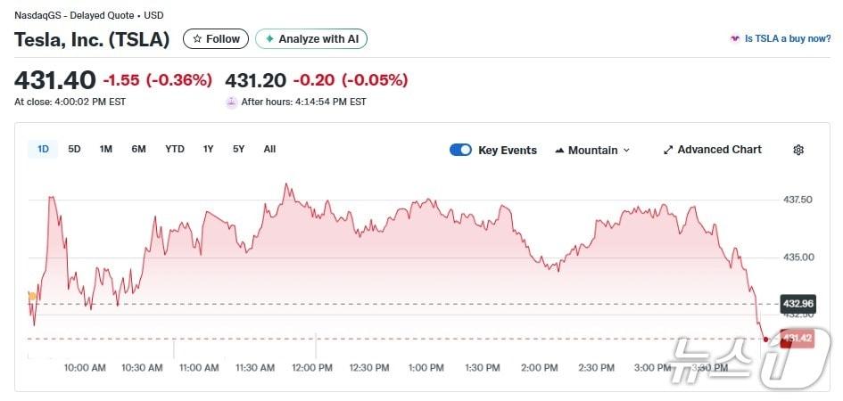 본문 이미지 - 테슬라 일일 주가추이 - 야후 파이낸스 갈무리