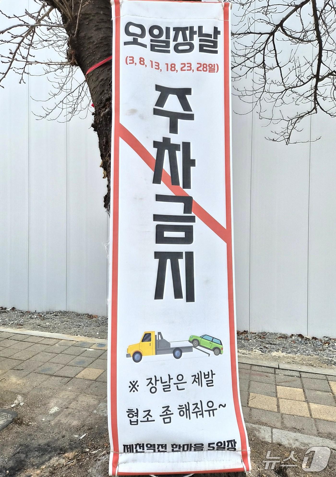 본문 이미지 -  지난 3일 제천역 인근의 5일장 주변에 '주차금지' 안내판이 설치돼 있다.2026.1.8/뉴스1 손도언 기자