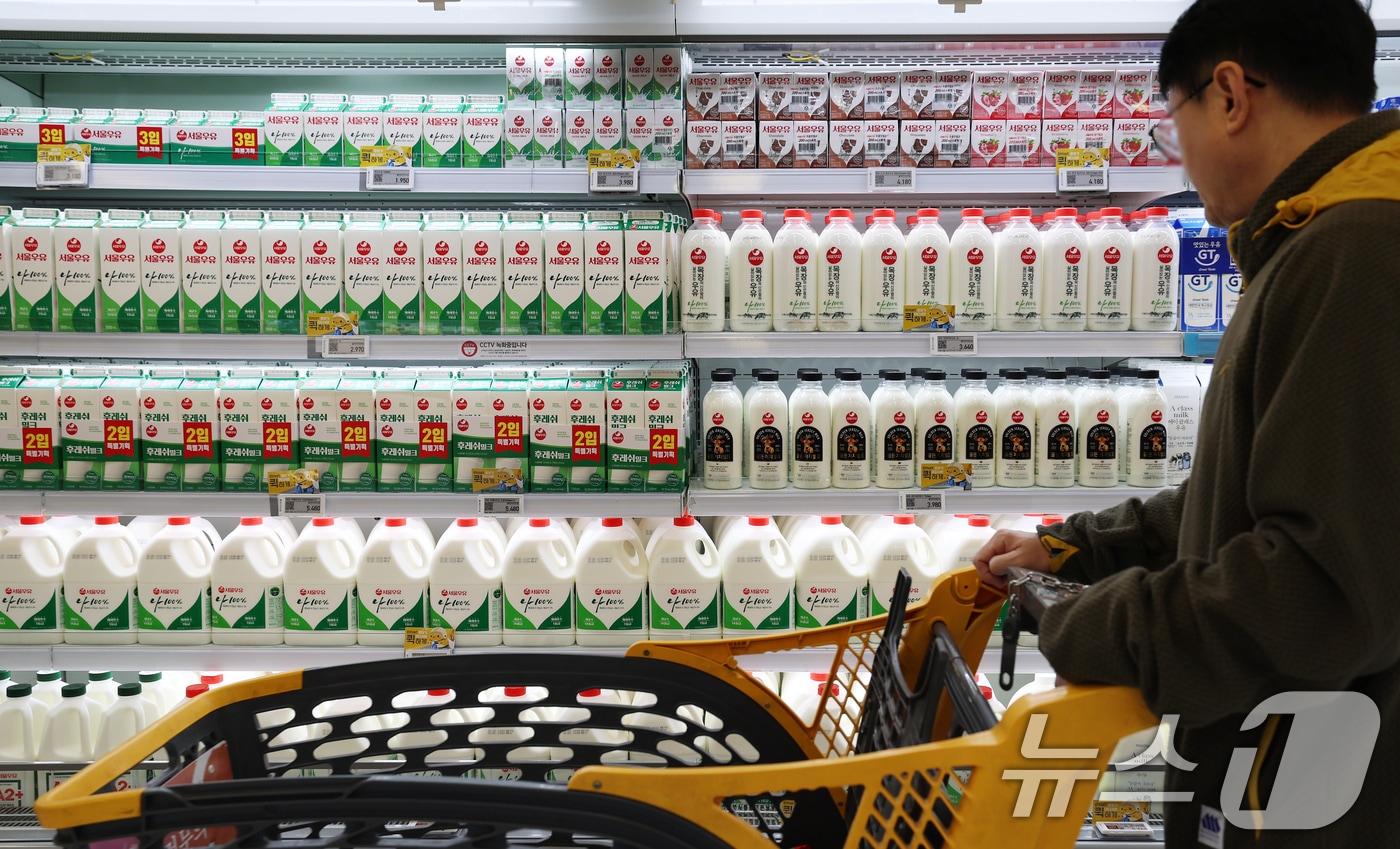 본문 이미지 - 고환율과 이상기후, 원재료 가격 상승으로 새해 '식탁 물가'에 비상이 걸렸다. 가공식품·외식·농수산물 등이 먹거리 물가 상승을 주도하고 있다. 사진은 8일 서울시내의 한 대형마트에서 고객이 우유를 고르는 모습. 2026.1.8 ⓒ 뉴스1 오대일 기자