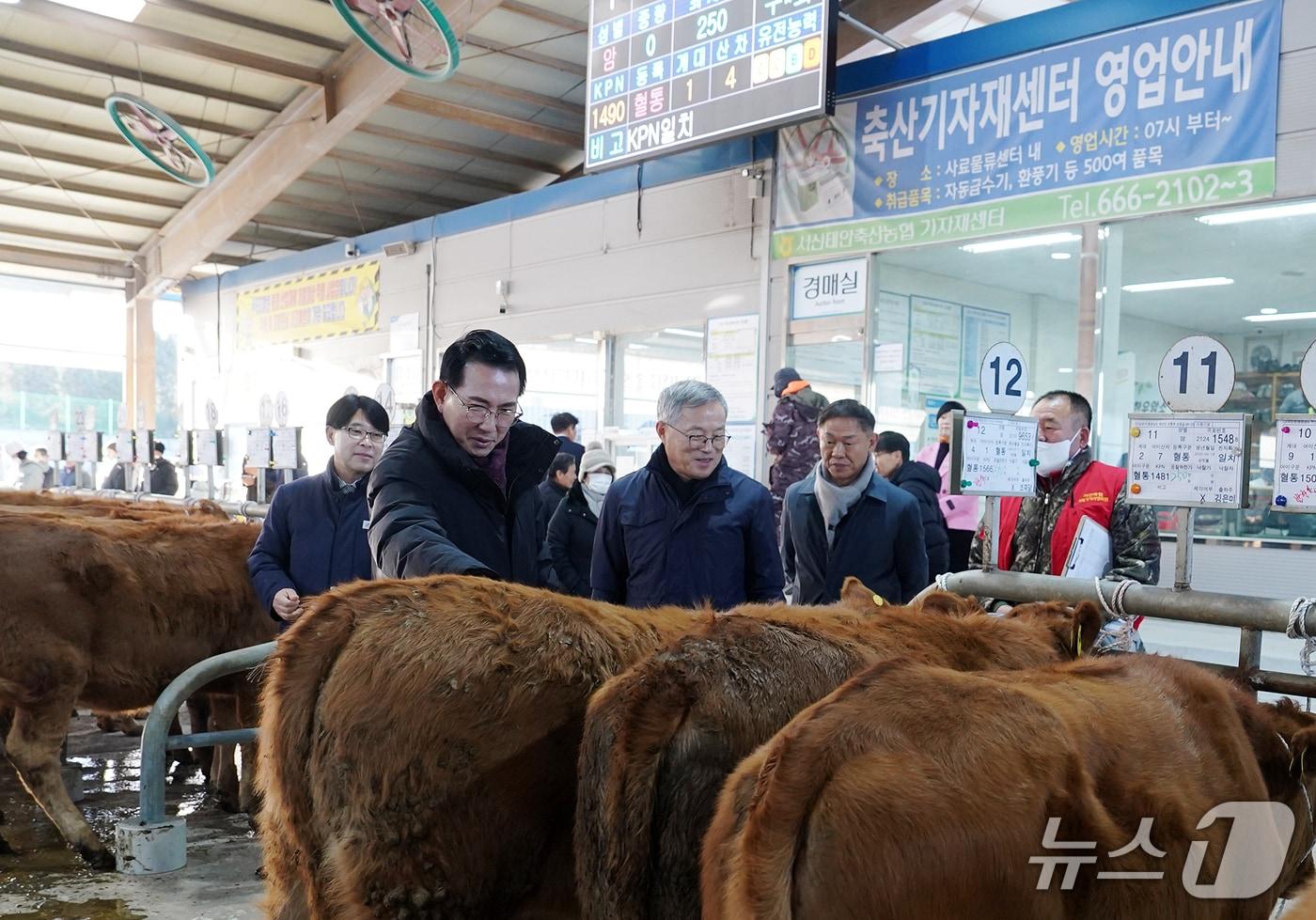 8일 음암면 상홍리 가축경매시장을 찾아 어려운 경영 여건 속에서도 축산업을 지켜온 농가의 목소리를 청취하는 이완섭 서산시장(맨 왼쪽)(서산시 제공. 재판매 및 DB금지)2026.1.8/뉴스1