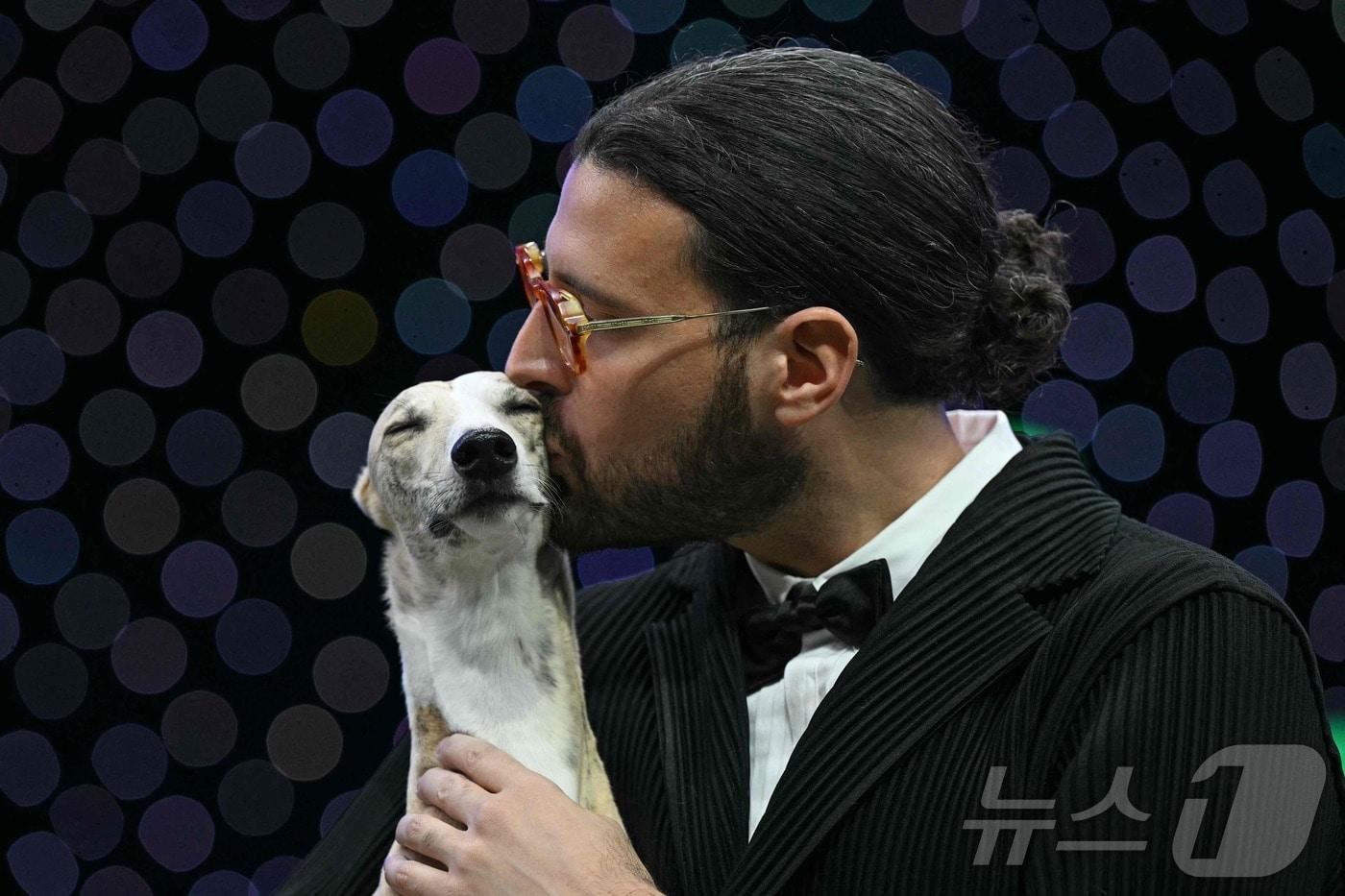 휘핏 품종의 개 '미우치아'가 2025년 3월 9일(현지시간) 잉글랜드 버밍엄 국립전시센터에서 열린 크러프츠 도그쇼 '베스트 인 쇼' 부문에서 우승한 뒤 핸들러 조반니 리구오리로부터 입맞춤을 받고 있다. 2025.03.09. ⓒ AFP=뉴스1 ⓒ News1 윤다정 기자