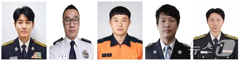본문 이미지 - 좌측부터 정광복 소방정(근정포장), 진준호 소방위(근정포장), 이승효 소방위(대통령표창), 기영후 소방위(국무총리표창), 한정현 소방장(국무총리표창).(소방청 제공)