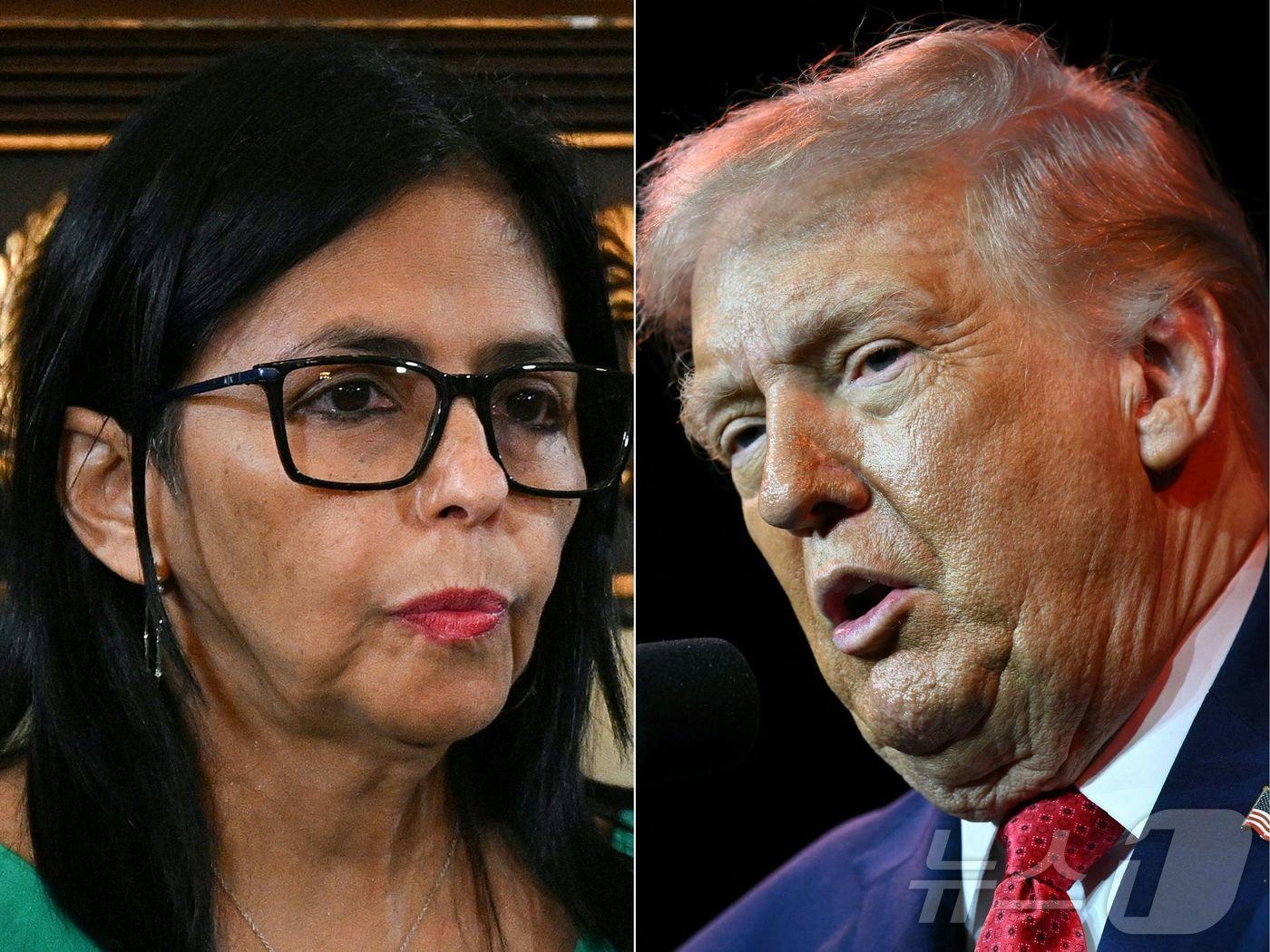 본문 이미지 - 델시 로드리게스 베네수엘라 임시대통령(왼쪽)과 도널드 트럼프 미국 대통령. 2026.1.8 ⓒ AFP=뉴스1 ⓒ News1 김경민 기자