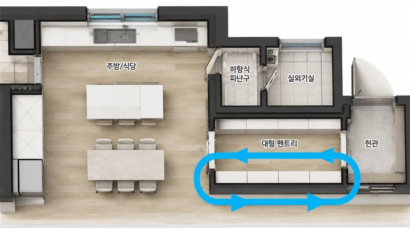본문 이미지 - 한화포레나 84㎡ 대면형 광폭주방 및 순환형 펜트리 평면도(한화건설부문 제공)
