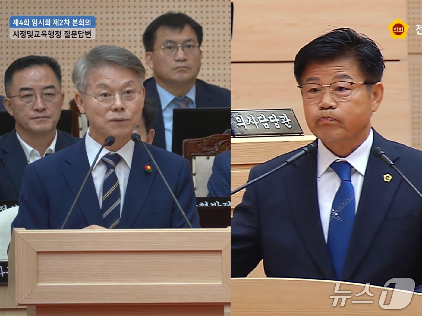 본문 이미지 - 김문수 전남광주통합특별시의회 의원이 12일 열린 제4회 임시회 제2차 본회의에서 민형배 특별시장에 시정질의를 하고 있다.(시의회 유튜브. 재배포 및 DB 금지) 2026.10.12 ⓒ 뉴스1
