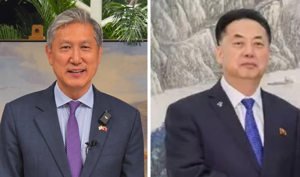본문 이미지 - 노재헌(왼쪽) 주중대사와 리룡남 주중북한대사(왼쪽=뉴스1 노민호 특파원 촬영, 오른쪽=주중북한대사관 홈페이지 캡처) ⓒ뉴스1