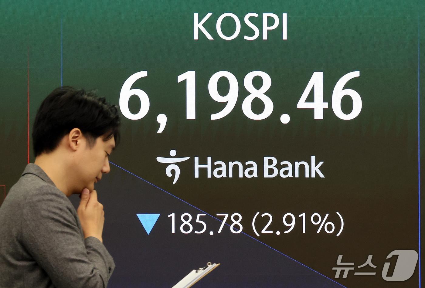 본문 이미지 - 13일 오전 서울 중구 하나은행 본점 딜링룸 전광판에 코스피 등 개장 시황이 표시되고 있다. 이날 코스피는 전 거래일 대비 185.78포인트(2.91%) 하락한 6198.46을 나타내고 있다. 2026.10.13 ⓒ 뉴스1 김진환 기자