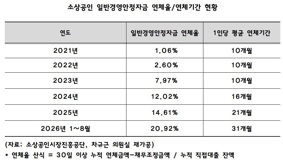 본문 이미지 - 소상공인 일반경영안정자금 연체율·연체기간(차규근 조국혁신당 의원실 제공)