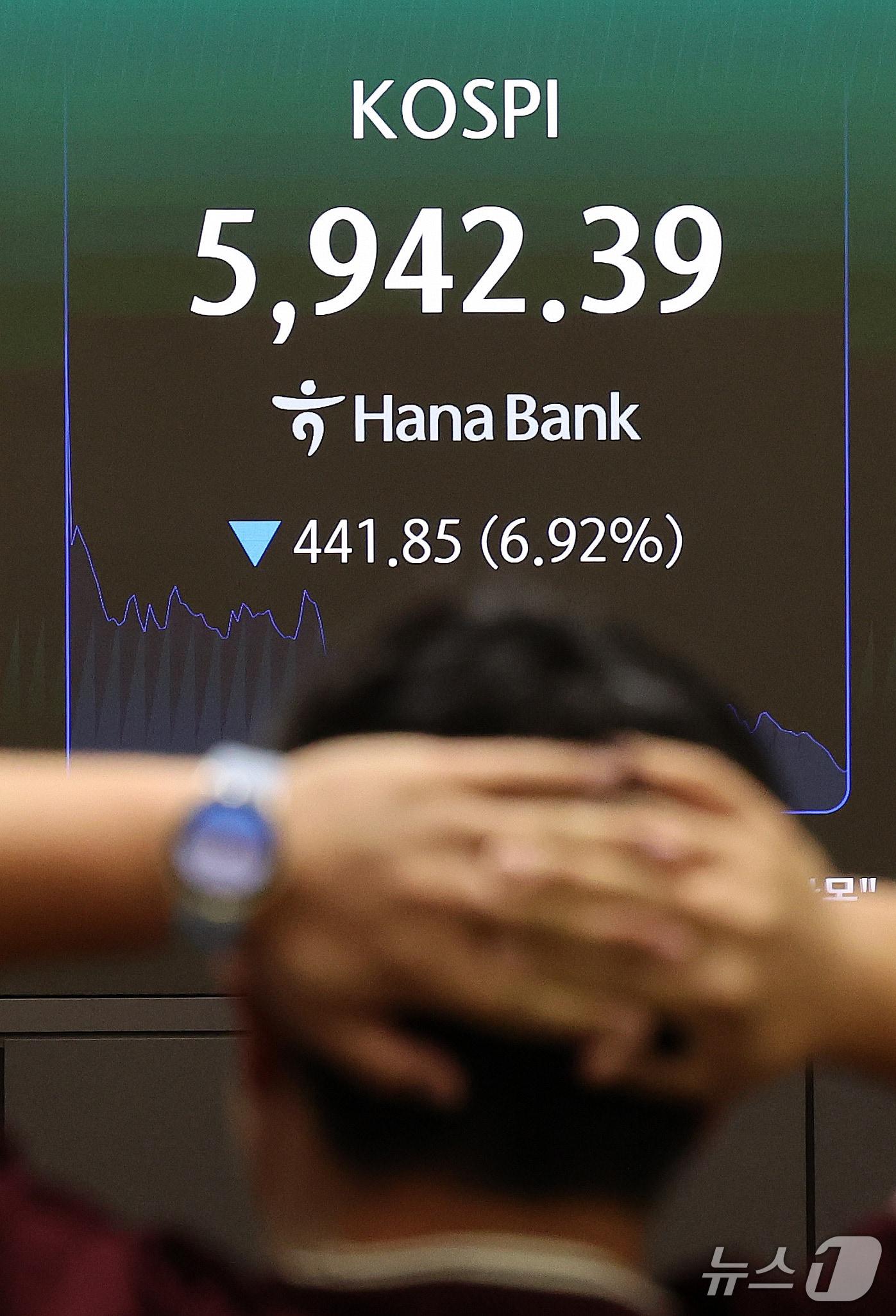 본문 이미지 - 코스피가 장중 6% 넘게 급락하며 6000선이 무너진 13일 서울 중구 하나은행 딜링룸 전광판에 코스피 지수가 표시되고 있다. 2026.10.13 ⓒ 뉴스1 박지혜 기자
