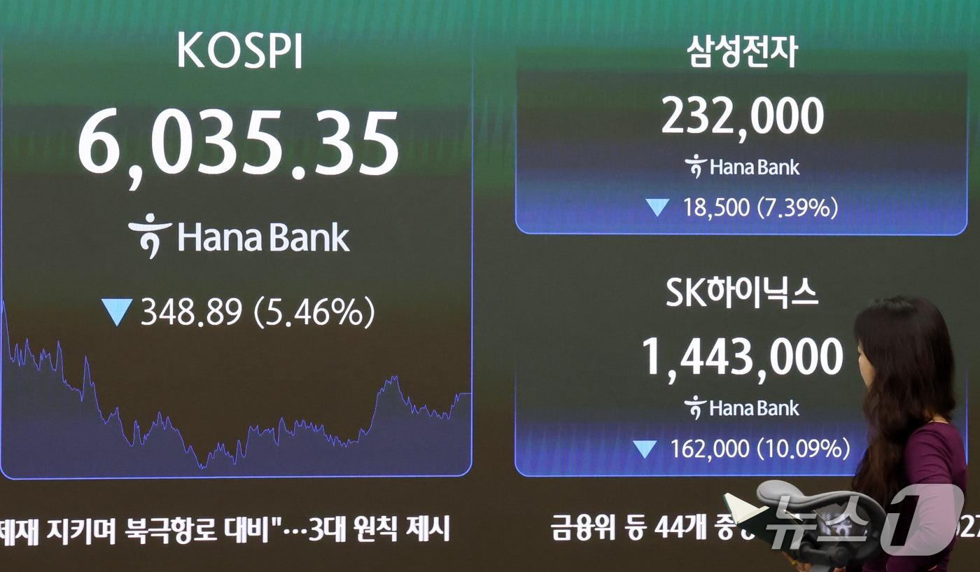 본문 이미지 - 13일 서울 중구 하나은행 딜링룸 전광판에 코스피 지수와 삼성전자와 SK하이닉스의 종가가 표시되고 있다. 2026.10.13 ⓒ 뉴스1 박세연 기자