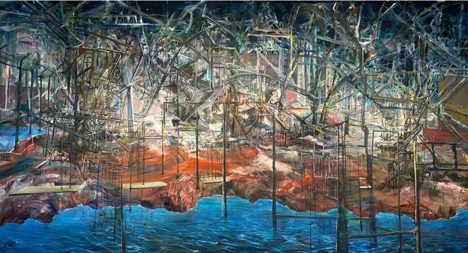 본문 이미지 - 밀도 쉐발리에, Mildor Shevalier, Undocked Dreams, 2023, 218.4 x 416.6cm, Acrylic on Canvas (더블유아트갤러리 제공)