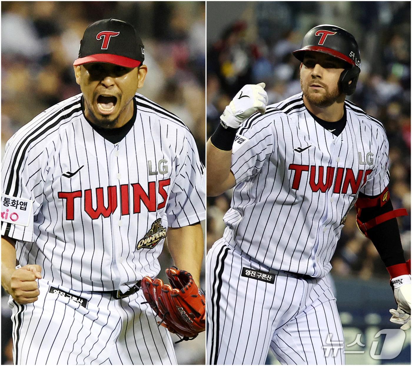 본문 이미지 - 14일 오후 서울 송파구 잠실야구장에서 열린 프로야구 '2026 신한 SOL KBO 와일드카드 결정전 1차전' 두산 베어스와 LG 트윈스의 경기에서 6이닝 1실점으로 호투를 펼친 LG 선발 카라스코(왼쪽)와 1회말 선제 투런포를 날린 오스틴(오른쪽)이 기뻐하고 있다. 2026.10.14 ⓒ 뉴스1 김진환 기자