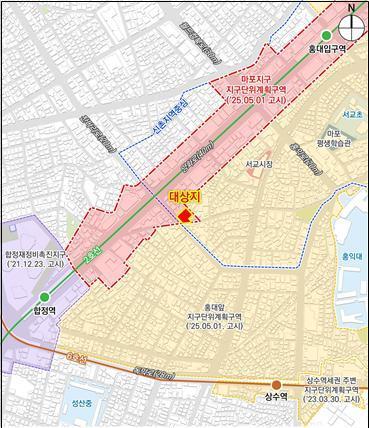 본문 이미지 - 서울시 도시·건축공동위원회 수권분과위원회를 통과한 '마포지구 지구단위계획구역 내 서교동 372-3 외 1필지' 관광숙박시설 위치도(서울시 제공)