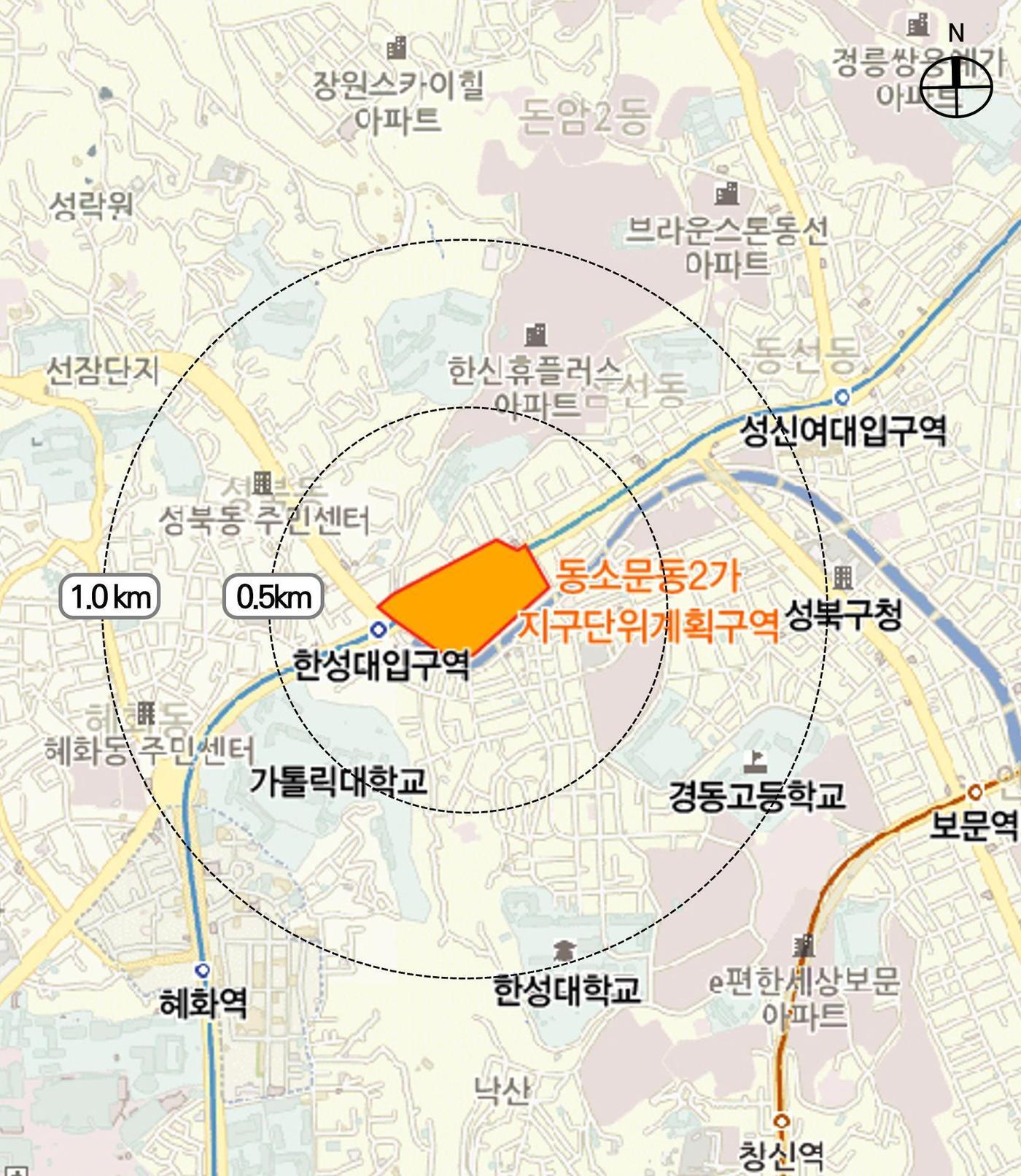 본문 이미지 - 서울시 도시건축공동위원회를 통과한 동소문2가 지구단위계획구역 및 계획 결정 위치도(서울시 제공)