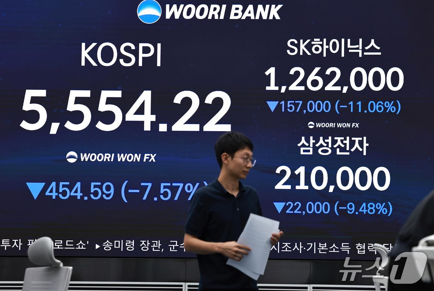 본문 이미지 - 15일 서울 중구 우리은행 본점 딜링룸 전광판에 코스피와 삼성전자, SK하이닉스 종가 등 시황이 나타나고 있다. 2026.10.15 ⓒ 뉴스1 구윤성 기자