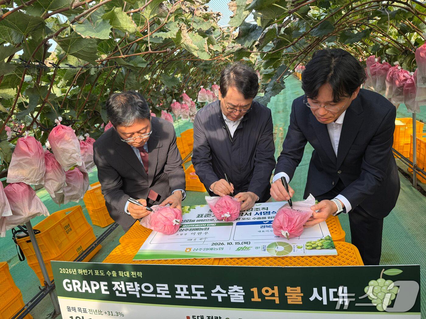 본문 이미지 - 경북도는 상주 도영농원에서 상주원예농협과 경북통상이 대금 정산 방식과 품질 기준을 명확히 하는 상생 표준거래계약서에 서명했다. (경북도 제공. 재판매 및 DB 금지) /뉴스1