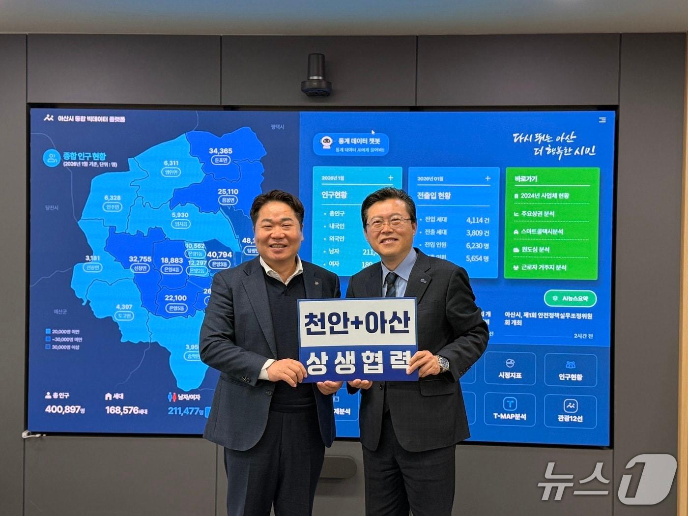 본문 이미지 - 오세현 아산시장이 집무실에서 장기수 천안시장 예비후보와 면담한 뒤 '천안+아산 상생협력' 문구가 적힌 피켓을 들고 기념촬영하고 있다.