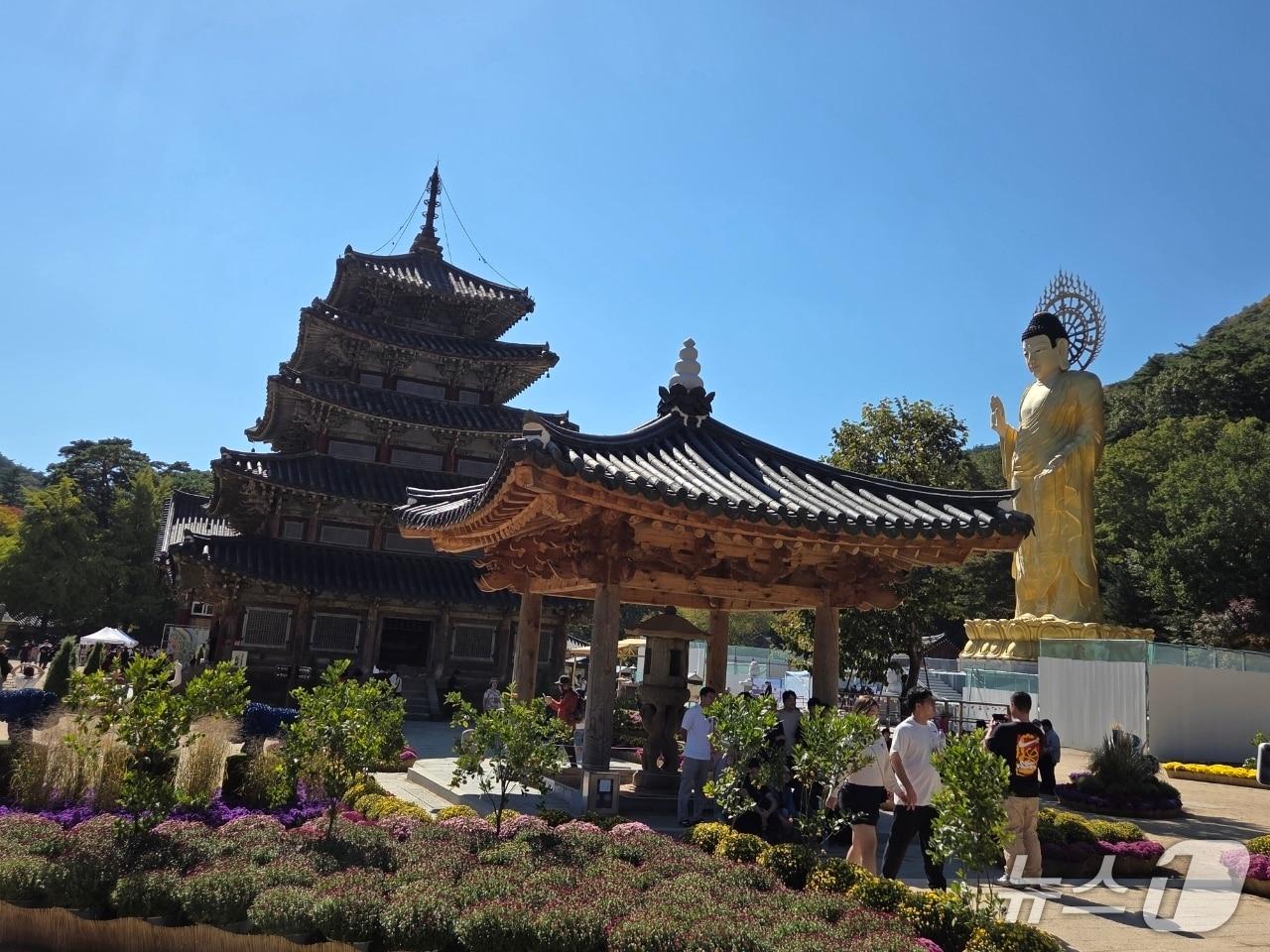 본문 이미지 - 충북 보은군에 자리한 속리산 법주사를 찾은 시민들이 가을 하늘아래 경내를 거닐며 즐거운 한때를 보내고 있다.(재판매 및 DB 금지) /뉴스1 장인수 기자 