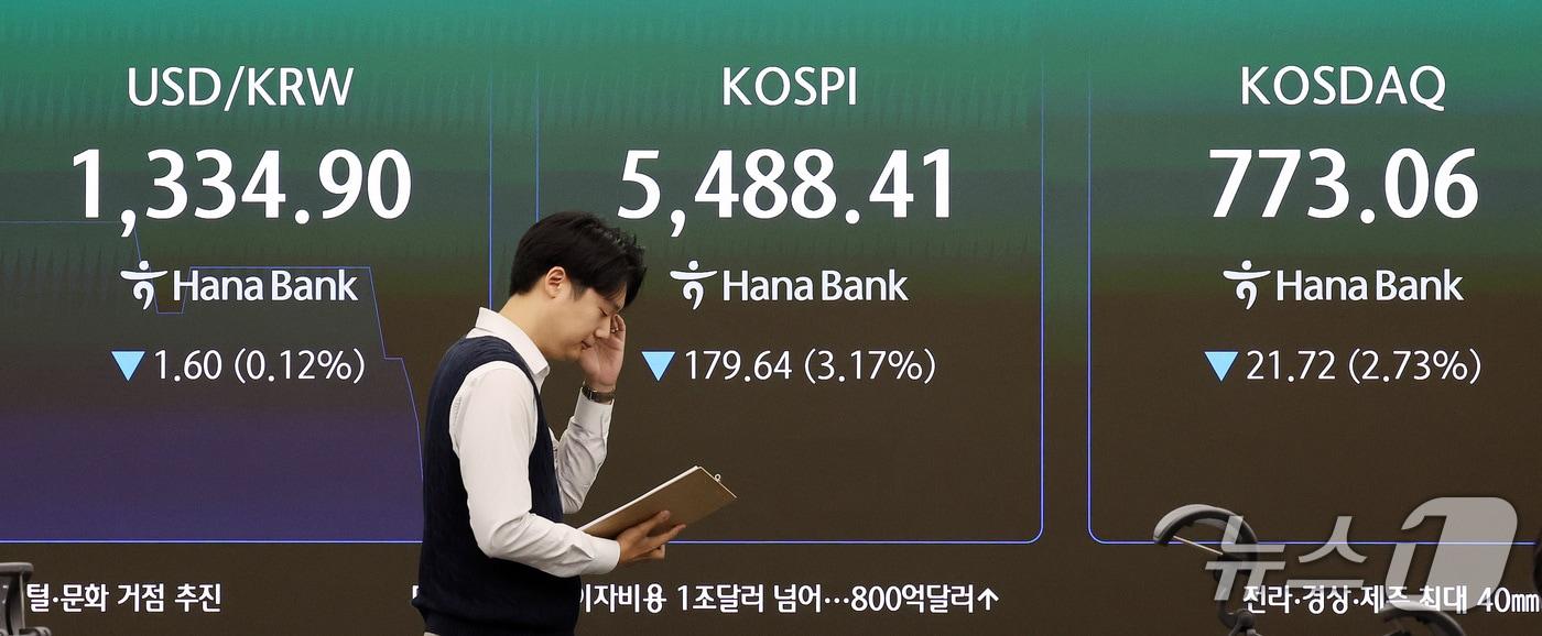 본문 이미지 - 국내 증시가 하락 출발한 19일 오전 서울 중구 하나은행 딜링룸 전광판에 장 초반 코스피 지수 등 시황이 표시되고 있다. 이날 코스피지수는 전장 대비 179.64포인트(3.17%) 내린 5488.41로 거래를 시작했다. 2026.10.19 ⓒ 뉴스1 박지혜 기자