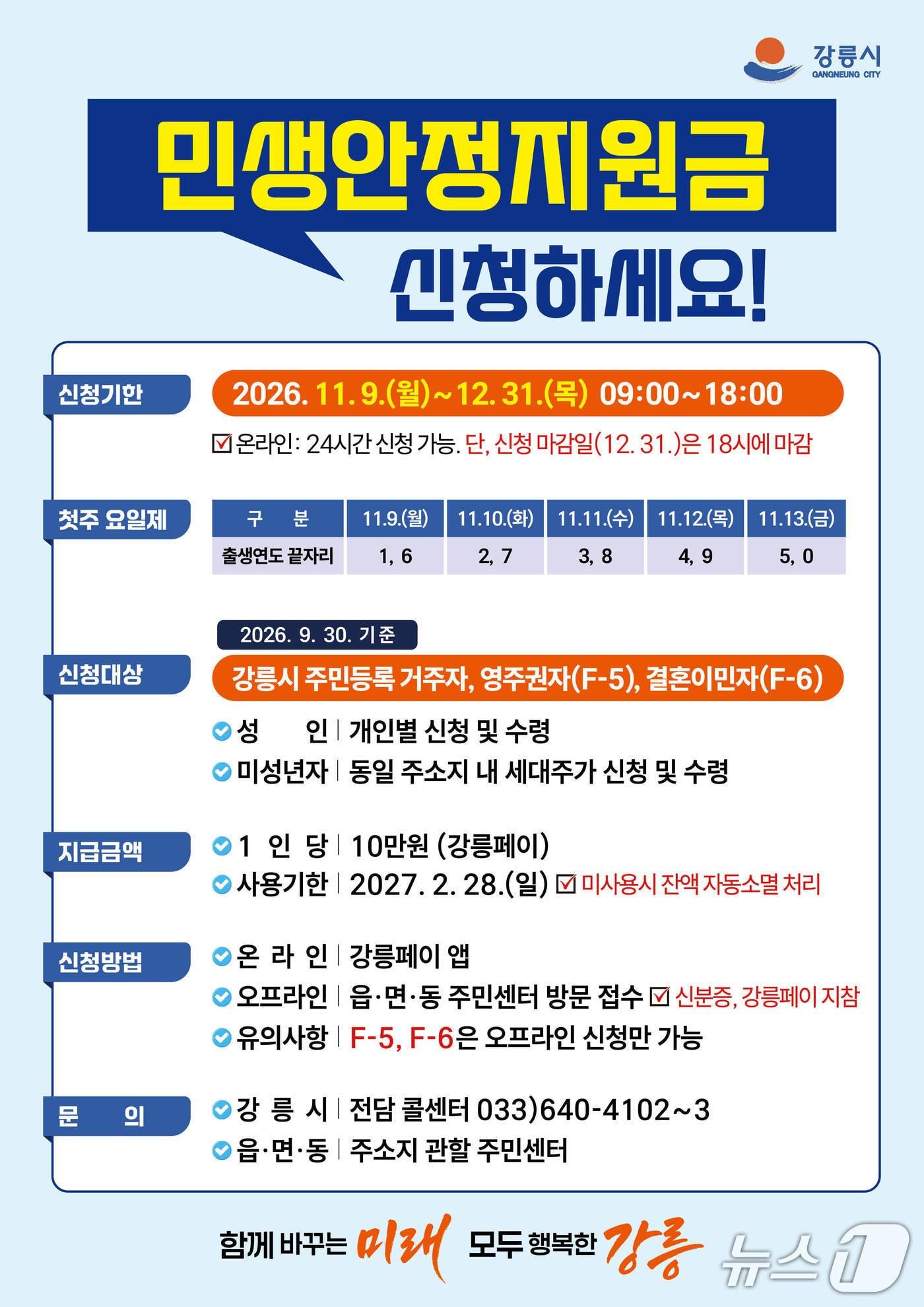 본문 이미지 - 강릉시 민생안정지원금 지급 안내 홍보물.(강릉시 제공. 재판매 및 DB 금지) 2026.10.19/뉴스1