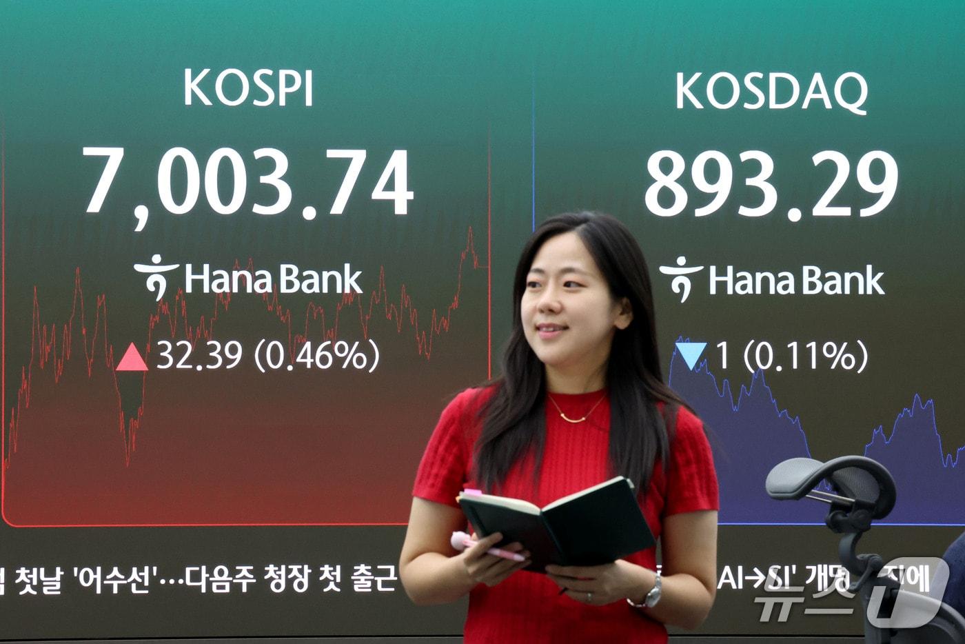 본문 이미지 - 코스피가 상승 마감한 2일 서울 중구 하나은행 본점 딜링룸 현황판에 전장대비 32.39포인트(0.46%) 상승한 7,003.74를 나타내고 있다. 2026.10.2 ⓒ 뉴스1 이광호 기자