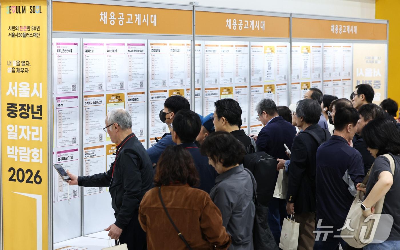 본문 이미지 - 20일 서울 서초구 aT센터에서 열린 서울시 중장년 일자리박람회 2026에서 구직자들이 채용공고를 살펴보고 있다. 2026.10.20 ⓒ 뉴스1 최지환 기자
