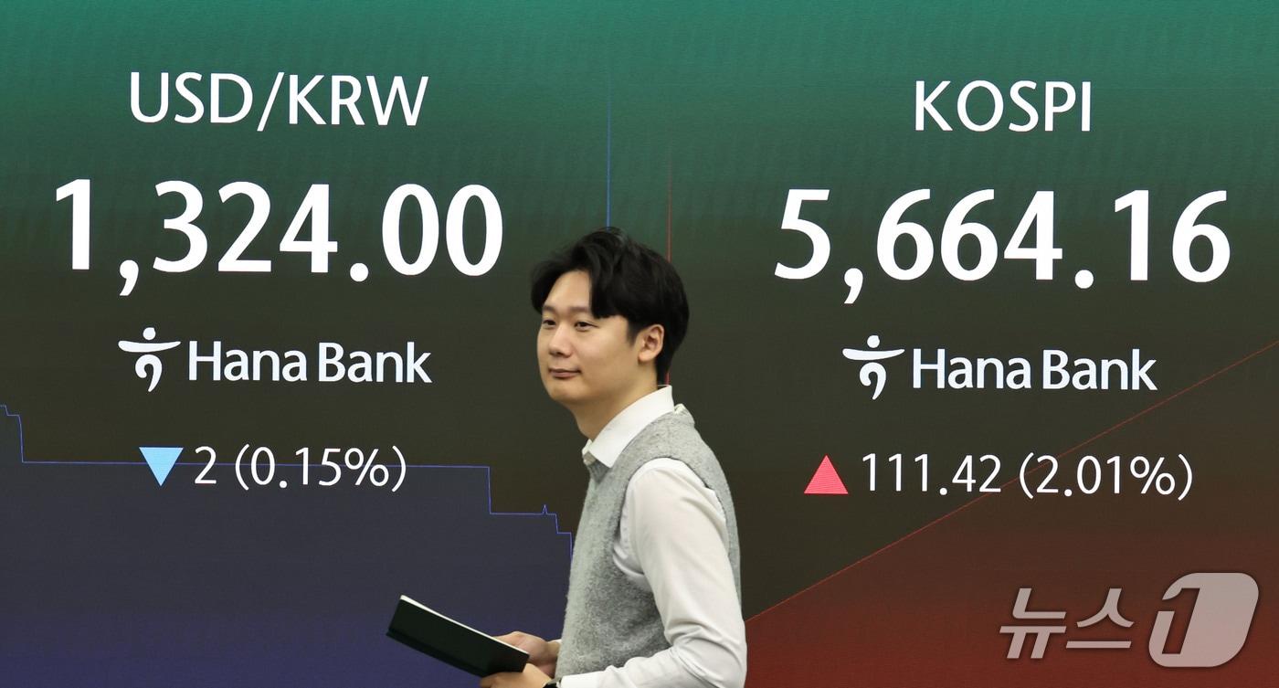 본문 이미지 - 21일 오전 서울 중구 하나은행 딜링룸 전광판에 코스피 지수 등 시황이 표시되고 있다. 이날 코스피는 전 거래일 대비 113.60p(2.05%) 오른 5666.34로 상승 출발했다. 2026.10.21 ⓒ 뉴스1 이종수 기자