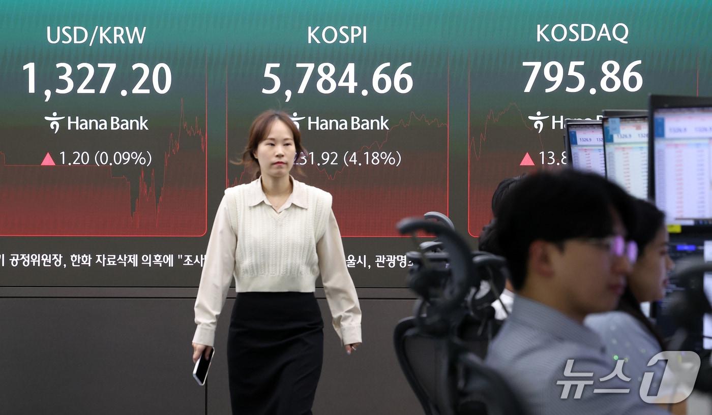 본문 이미지 - 코스피 지수가 4% 넘게 급등하며 장중 매수호가 일시 효력정지(사이드카)가 발동한 21일 서울 중구 하나은행 본점 딜링룸에 코스피, 코스닥 등 지수 현황이 나오고 있다. 2026.10.21 ⓒ 뉴스1 김성진 기자