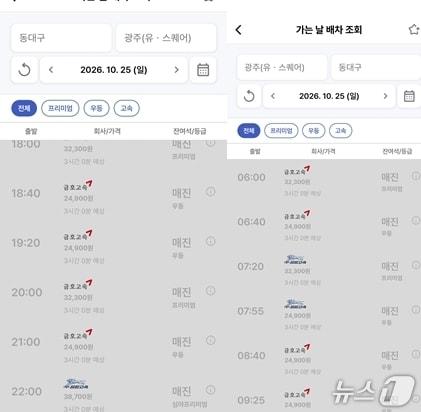 본문 이미지 - 오는 25일 삼성 라이온즈와 KIA 타이거즈의 플레이오프 1차전을 앞두고 광주와 대구를 오가는 고속버스가 잇따라 매진됐다. 사진은 21일 고속버스 예매 사이트에 표시된 광주~동대구 노선의 매진 현황. (버스예매어플 화면 캡처)
