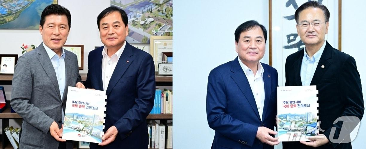 본문 이미지 - 배낙호 김천시장이 21일 국회를 방문해 구자근 산업통상자원중소벤처기업위원회 간사(사진 왼쪽), 유상범 예산결산특별위원회 간사를 만나 지역 현안사업의 협조를 요청했다.(김천시 제공. 재판매 및 DB 금지)/뉴스1